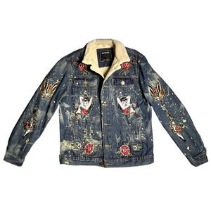 Reason Denim "Death Before Dishonor" Sherpa Trucker Button Jacket Distressed L